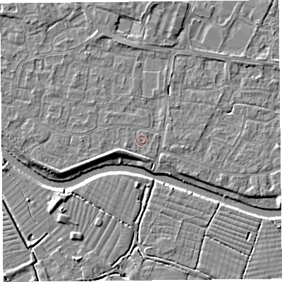 Shaded relief map of the ground around BS217TW, computed from Environment Agency LiDAR. The ground here sits at about 6 m above sea level and falls 4 m across the surrounding 800 m. Surface water reaching this point runs off ground lying to the west-south-west, 0.6 m higher.