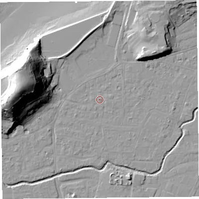 Shaded relief map of the ground around BS217TX, computed from Environment Agency LiDAR. The ground here sits at about 7 m above sea level and falls 44 m across the surrounding 800 m. Surface water reaching this point runs off ground lying to the east, 0.5 m higher.
