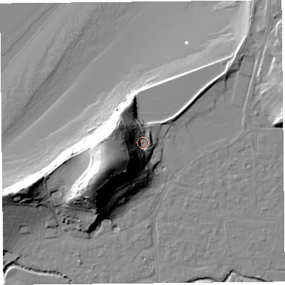 Shaded relief map of the ground around BS217TY, computed from Environment Agency LiDAR. The ground here sits at about 12 m above sea level and falls 45 m across the surrounding 800 m. Surface water reaching this point runs off ground lying to the west-south-west, 28.4 m higher.