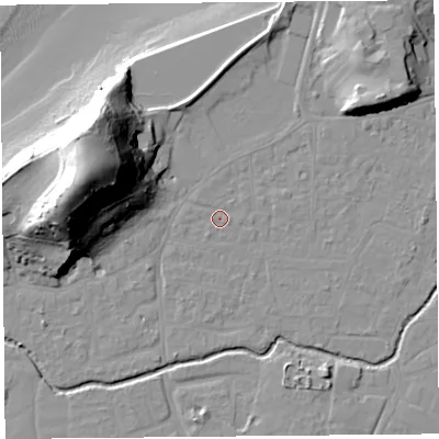 Shaded relief map of the ground around BS217TZ, computed from Environment Agency LiDAR. The ground here sits at about 6 m above sea level and falls 44 m across the surrounding 800 m. Surface water reaching this point runs off ground lying to the west-north-west, 33.5 m higher.