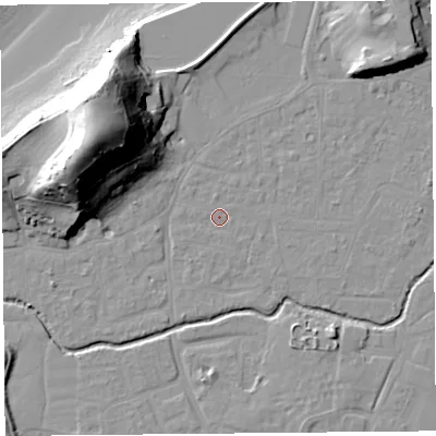 Shaded relief map of the ground around BS217UA, computed from Environment Agency LiDAR. The ground here sits at about 6 m above sea level and falls 44 m across the surrounding 800 m. Surface water reaching this point runs off ground lying to the west, 0.6 m higher.