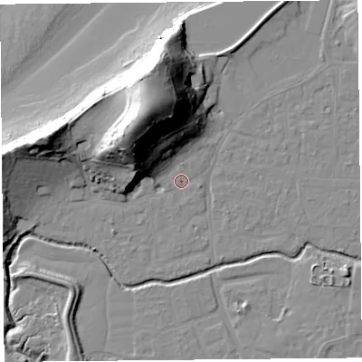 Shaded relief map of the ground around BS217UB, computed from Environment Agency LiDAR. The ground here sits at about 6 m above sea level and falls 45 m across the surrounding 800 m. Surface water reaching this point runs off ground lying to the north-north-west, 33.1 m higher.