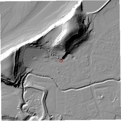 Shaded relief map of the ground around BS217UD, computed from Environment Agency LiDAR. The ground here sits at about 8 m above sea level and falls 45 m across the surrounding 800 m. Surface water reaching this point runs off ground lying to the north-north-east, 32.6 m higher.
