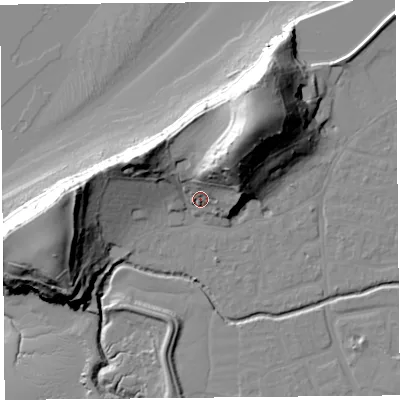 Shaded relief map of the ground around BS217UE, computed from Environment Agency LiDAR. The ground here sits at about 11 m above sea level and falls 45 m across the surrounding 800 m. Surface water reaching this point runs off ground lying to the north-north-east, 25.8 m higher.
