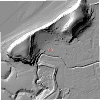Shaded relief map of the ground around BS217UF, computed from Environment Agency LiDAR. The ground here sits at about 6 m above sea level and falls 45 m across the surrounding 800 m. Surface water reaching this point runs off ground lying to the west, 29.9 m higher.