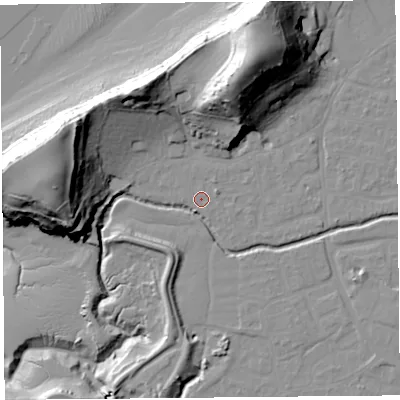 Shaded relief map of the ground around BS217UG, computed from Environment Agency LiDAR. The ground here sits at about 6 m above sea level and falls 45 m across the surrounding 800 m. Surface water reaching this point runs off ground lying to the east-north-east, 1.9 m higher.
