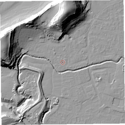 Shaded relief map of the ground around BS217UH, computed from Environment Agency LiDAR. The ground here sits at about 6 m above sea level and falls 45 m across the surrounding 800 m. The ground contributing surface water to this point lies to the north-north-west.