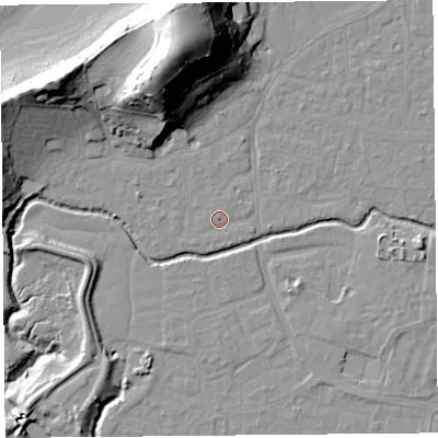 Shaded relief map of the ground around BS217UJ, computed from Environment Agency LiDAR. The ground here sits at about 6 m above sea level and falls 44 m across the surrounding 800 m. Surface water reaching this point runs off ground lying to the north-north-west, 32.9 m higher.