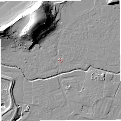 Shaded relief map of the ground around BS217UL, computed from Environment Agency LiDAR. The ground here sits at about 6 m above sea level and falls 44 m across the surrounding 800 m. Surface water reaching this point runs off ground lying to the north-north-west, 33.8 m higher.