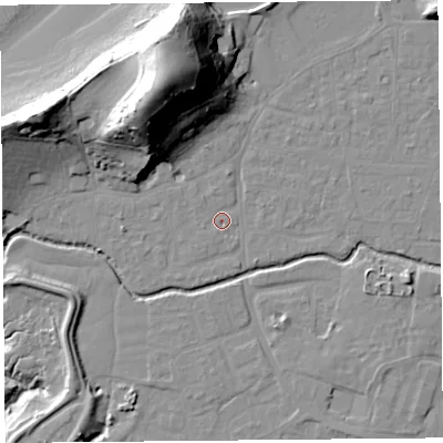 Shaded relief map of the ground around BS217UN, computed from Environment Agency LiDAR. The ground here sits at about 6 m above sea level and falls 44 m across the surrounding 800 m. Surface water reaching this point runs off ground lying to the north-west, 1.1 m higher.