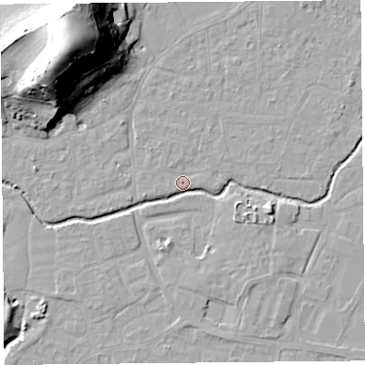 Shaded relief map of the ground around BS217UP, computed from Environment Agency LiDAR. The ground here sits at about 6 m above sea level and falls 42 m across the surrounding 800 m. Surface water reaching this point runs off ground lying to the north-west, 34.7 m higher.