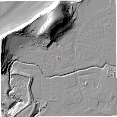Shaded relief map of the ground around BS217UQ, computed from Environment Agency LiDAR. The ground here sits at about 6 m above sea level and falls 45 m across the surrounding 800 m. Surface water reaching this point runs off ground lying to the north, 32.8 m higher.