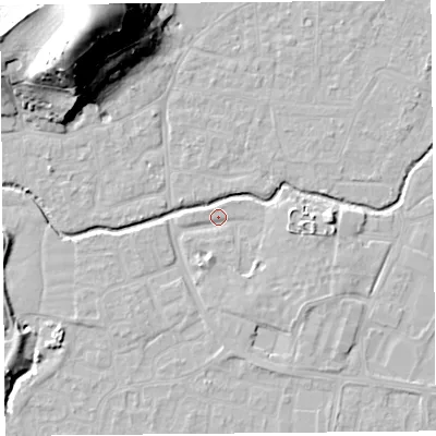 Shaded relief map of the ground around BS217UR, computed from Environment Agency LiDAR. The ground here sits at about 6 m above sea level and falls 40 m across the surrounding 800 m. Surface water reaching this point runs off ground lying to the east, 2.7 m higher.