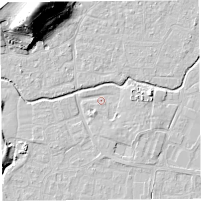 Shaded relief map of the ground around BS217US, computed from Environment Agency LiDAR. The ground here sits at about 6 m above sea level and falls 36 m across the surrounding 800 m. Surface water reaching this point runs off ground lying to the east, 2.7 m higher.