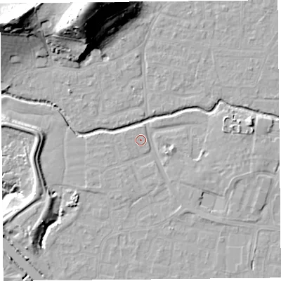 Shaded relief map of the ground around BS217UU, computed from Environment Agency LiDAR. The ground here sits at about 6 m above sea level and falls 40 m across the surrounding 800 m. Surface water reaching this point runs off ground lying to the east, 2.8 m higher.