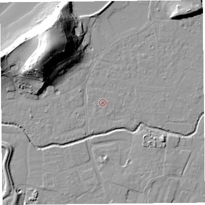 Shaded relief map of the ground around BS217UW, computed from Environment Agency LiDAR. The ground here sits at about 6 m above sea level and falls 44 m across the surrounding 800 m. The ground contributing surface water to this point lies to the north-north-west.