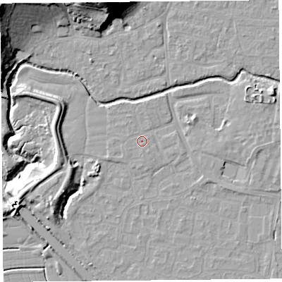 Shaded relief map of the ground around BS217UX, computed from Environment Agency LiDAR. The ground here sits at about 6 m above sea level and falls 28 m across the surrounding 800 m. Surface water reaching this point runs off ground lying to the north-west, 0.6 m higher.