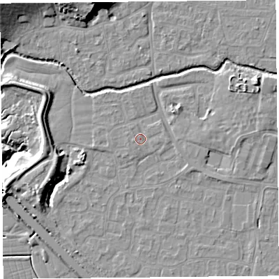 Shaded relief map of the ground around BS217UY, computed from Environment Agency LiDAR. The ground here sits at about 6 m above sea level and falls 22 m across the surrounding 800 m. Surface water reaching this point runs off ground lying to the west, 0.9 m higher.