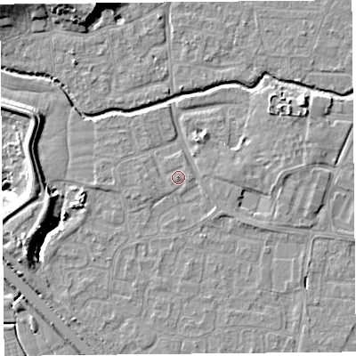 Shaded relief map of the ground around BS217UZ, computed from Environment Agency LiDAR. The ground here sits at about 6 m above sea level and falls 21 m across the surrounding 800 m. The ground contributing surface water to this point lies to the east-north-east.