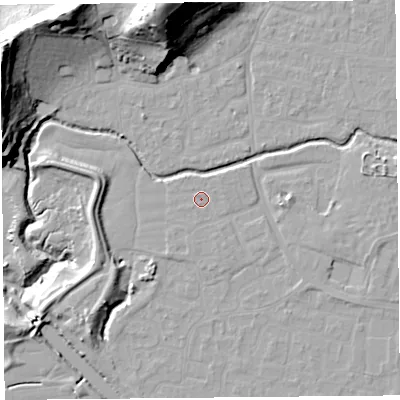 Shaded relief map of the ground around BS217XA, computed from Environment Agency LiDAR. The ground here sits at about 6 m above sea level and falls 39 m across the surrounding 800 m. Surface water reaching this point runs off ground lying to the south-west, 0.6 m higher.