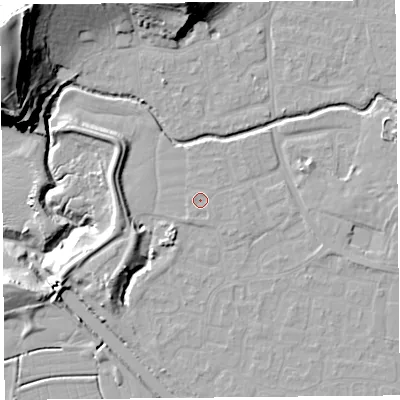 Shaded relief map of the ground around BS217XB, computed from Environment Agency LiDAR. The ground here sits at about 6 m above sea level and falls 37 m across the surrounding 800 m. Surface water reaching this point runs off ground lying to the south-south-west, 0.6 m higher.