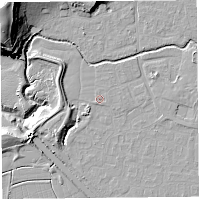Shaded relief map of the ground around BS217XD, computed from Environment Agency LiDAR. The ground here sits at about 7 m above sea level and falls 37 m across the surrounding 800 m. Surface water reaching this point runs off ground lying to the south-west, 2.0 m higher.