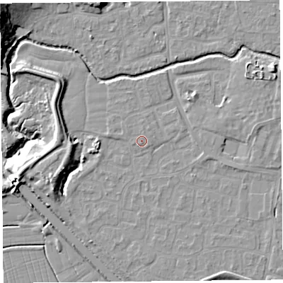 Shaded relief map of the ground around BS217XE, computed from Environment Agency LiDAR. The ground here sits at about 7 m above sea level and falls 20 m across the surrounding 800 m. The ground contributing surface water to this point lies to the north-north-east.