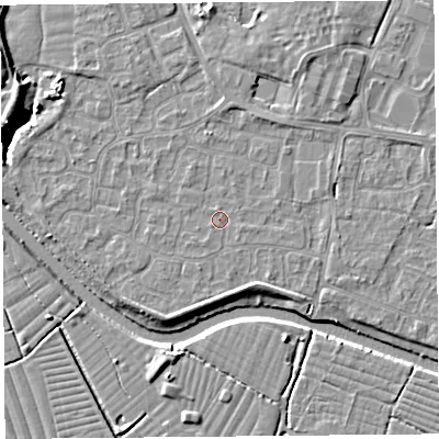 Shaded relief map of the ground around BS217XG, computed from Environment Agency LiDAR. The ground here sits at about 6 m above sea level and falls 7 m across the surrounding 800 m. The ground contributing surface water to this point lies to the south-south-west.