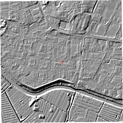 Shaded relief map of the ground around BS217XH, computed from Environment Agency LiDAR. The ground here sits at about 6 m above sea level and falls 4 m across the surrounding 800 m. Surface water reaching this point runs off ground lying to the west-north-west, 2.0 m higher.