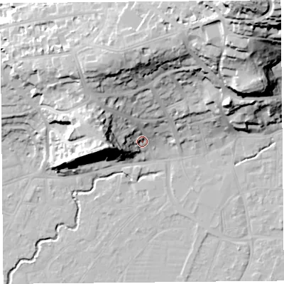 Shaded relief map of the ground around BS217XJ, computed from Environment Agency LiDAR. The ground here sits at about 10 m above sea level and falls 59 m across the surrounding 800 m. Surface water reaching this point runs off ground lying to the west, 25.2 m higher.