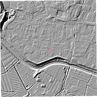 Shaded relief map of the ground around BS217XL, computed from Environment Agency LiDAR. The ground here sits at about 6 m above sea level and falls 7 m across the surrounding 800 m. The ground contributing surface water to this point lies to the north-east.