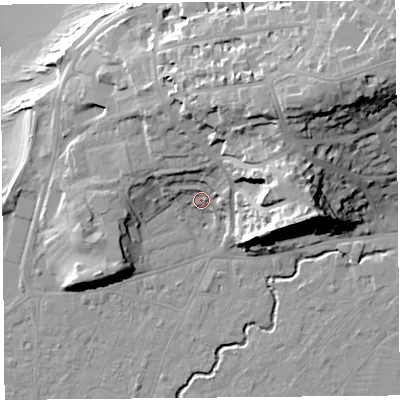 Shaded relief map of the ground around BS217XN, computed from Environment Agency LiDAR. The ground here sits at about 9 m above sea level and falls 39 m across the surrounding 800 m. Surface water reaching this point runs off ground lying to the north-north-east, 11.8 m higher.