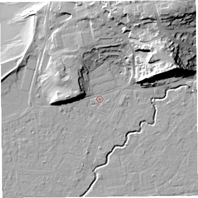 Shaded relief map of the ground around BS217XP, computed from Environment Agency LiDAR. The ground here sits at about 6 m above sea level and falls 36 m across the surrounding 800 m. Surface water reaching this point runs off ground lying to the west, 10.3 m higher.