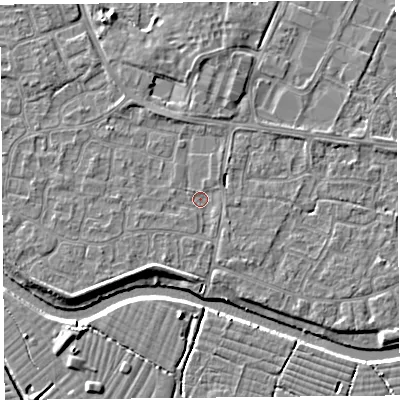 Shaded relief map of the ground around BS217XQ, computed from Environment Agency LiDAR. The ground here sits at about 6 m above sea level and falls 4 m across the surrounding 800 m. Surface water reaching this point runs off ground lying to the north-north-west, 1.3 m higher.