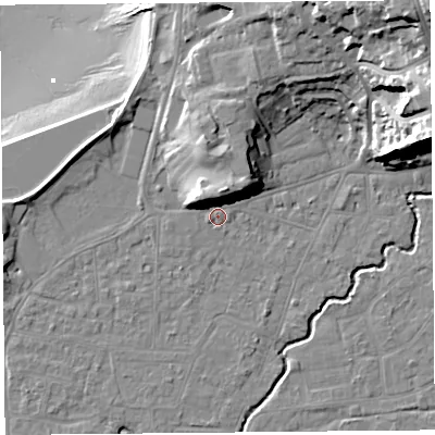 Shaded relief map of the ground around BS217XR, computed from Environment Agency LiDAR. The ground here sits at about 7 m above sea level and falls 36 m across the surrounding 800 m. Surface water reaching this point runs off ground lying to the north, 9.1 m higher.
