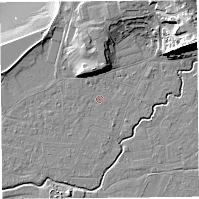 Shaded relief map of the ground around BS217XS, computed from Environment Agency LiDAR. The ground here sits at about 6 m above sea level and falls 36 m across the surrounding 800 m. Surface water reaching this point runs off ground lying to the north-north-west, 9.8 m higher.