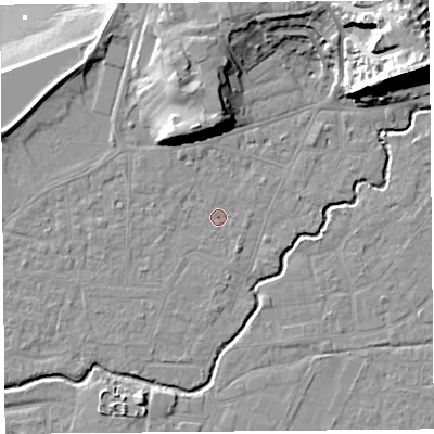 Shaded relief map of the ground around BS217XT, computed from Environment Agency LiDAR. The ground here sits at about 6 m above sea level and falls 35 m across the surrounding 800 m. Surface water reaching this point runs off ground lying to the north-north-west, 9.9 m higher.