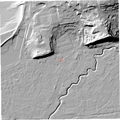 Shaded relief map of the ground around BS217XU, computed from Environment Agency LiDAR. The ground here sits at about 6 m above sea level and falls 36 m across the surrounding 800 m. Surface water reaching this point runs off ground lying to the east-north-east, 27.2 m higher.