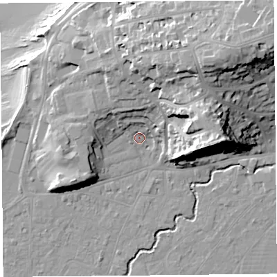 Shaded relief map of the ground around BS217XW, computed from Environment Agency LiDAR. The ground here sits at about 7 m above sea level and falls 38 m across the surrounding 800 m. Surface water reaching this point runs off ground lying to the north-north-east, 12.3 m higher.