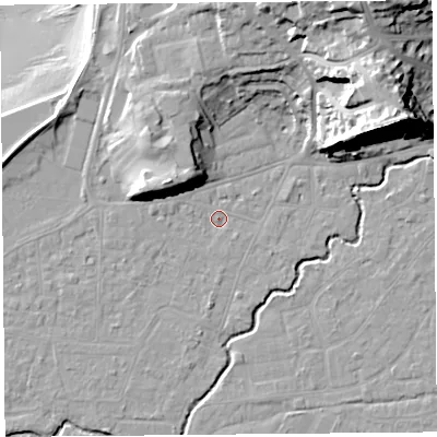 Shaded relief map of the ground around BS217XX, computed from Environment Agency LiDAR. The ground here sits at about 6 m above sea level and falls 35 m across the surrounding 800 m. Surface water reaching this point runs off ground lying to the east-north-east, 27.2 m higher.