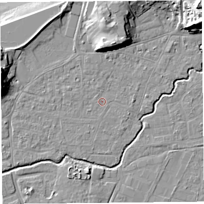 Shaded relief map of the ground around BS217XY, computed from Environment Agency LiDAR. The ground here sits at about 6 m above sea level and falls 31 m across the surrounding 800 m. Surface water reaching this point runs off ground lying to the east-south-east, 0.6 m higher.
