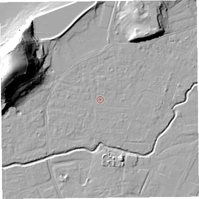 Shaded relief map of the ground around BS217XZ, computed from Environment Agency LiDAR. The ground here sits at about 6 m above sea level and falls 43 m across the surrounding 800 m. Surface water reaching this point runs off ground lying to the north-north-west, 0.7 m higher.