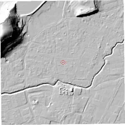 Shaded relief map of the ground around BS217YA, computed from Environment Agency LiDAR. The ground here sits at about 6 m above sea level and falls 42 m across the surrounding 800 m. The ground contributing surface water to this point lies to the east-south-east.