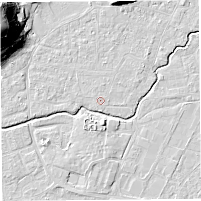Shaded relief map of the ground around BS217YB, computed from Environment Agency LiDAR. The ground here sits at about 6 m above sea level and falls 34 m across the surrounding 800 m. The ground contributing surface water to this point lies to the south-south-west.