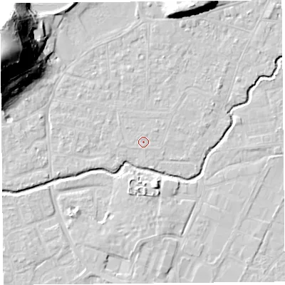 Shaded relief map of the ground around BS217YD, computed from Environment Agency LiDAR. The ground here sits at about 6 m above sea level and falls 37 m across the surrounding 800 m. The ground contributing surface water to this point lies to the north-north-east.