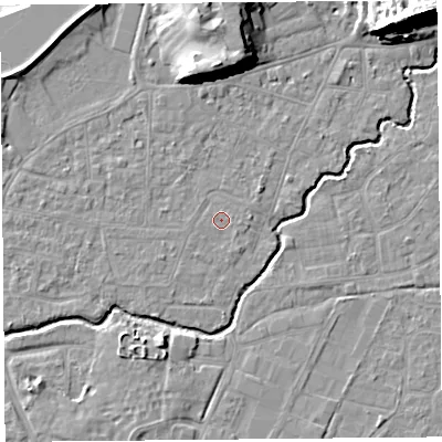 Shaded relief map of the ground around BS217YE, computed from Environment Agency LiDAR. The ground here sits at about 6 m above sea level and falls 31 m across the surrounding 800 m. Surface water reaching this point runs off ground lying to the east, 0.5 m higher.