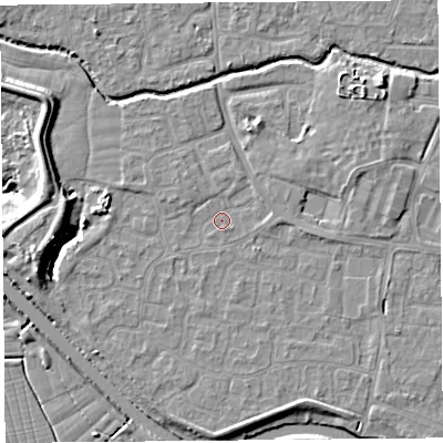 Shaded relief map of the ground around BS217YF, computed from Environment Agency LiDAR. The ground here sits at about 6 m above sea level and falls 10 m across the surrounding 800 m. Surface water reaching this point runs off ground lying to the west, 2.0 m higher.
