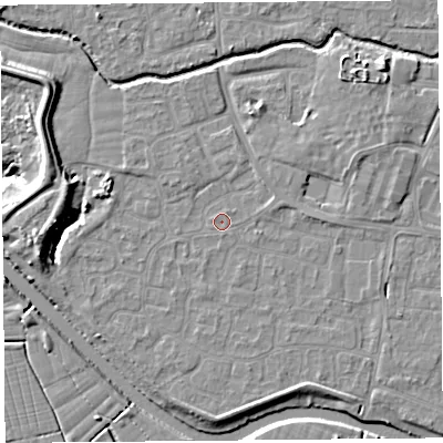 Shaded relief map of the ground around BS217YG, computed from Environment Agency LiDAR. The ground here sits at about 6 m above sea level and falls 10 m across the surrounding 800 m. Surface water reaching this point runs off ground lying to the west-north-west, 2.0 m higher.