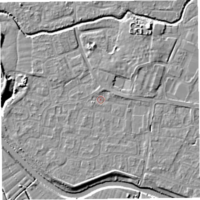 Shaded relief map of the ground around BS217YH, computed from Environment Agency LiDAR. The ground here sits at about 6 m above sea level and falls 7 m across the surrounding 800 m. Surface water reaching this point runs off ground lying to the north-north-east, 1.0 m higher.