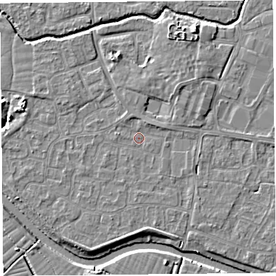 Shaded relief map of the ground around BS217YJ, computed from Environment Agency LiDAR. The ground here sits at about 6 m above sea level and falls 5 m across the surrounding 800 m. Surface water reaching this point runs off ground lying to the west-north-west, 2.0 m higher.